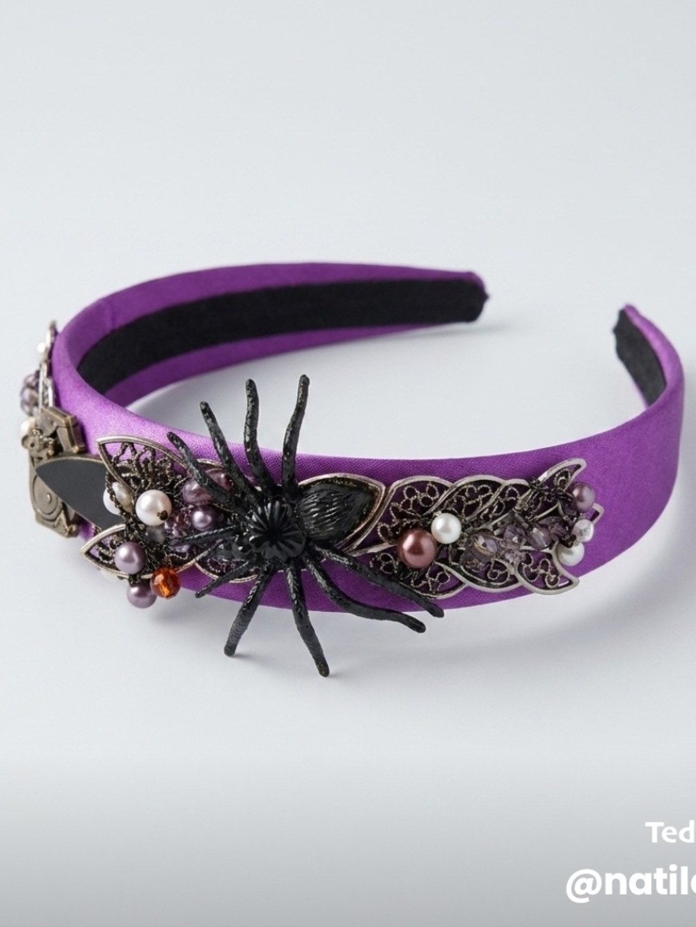 Purple Satin Headband with Decorative Spider and Bead Accents